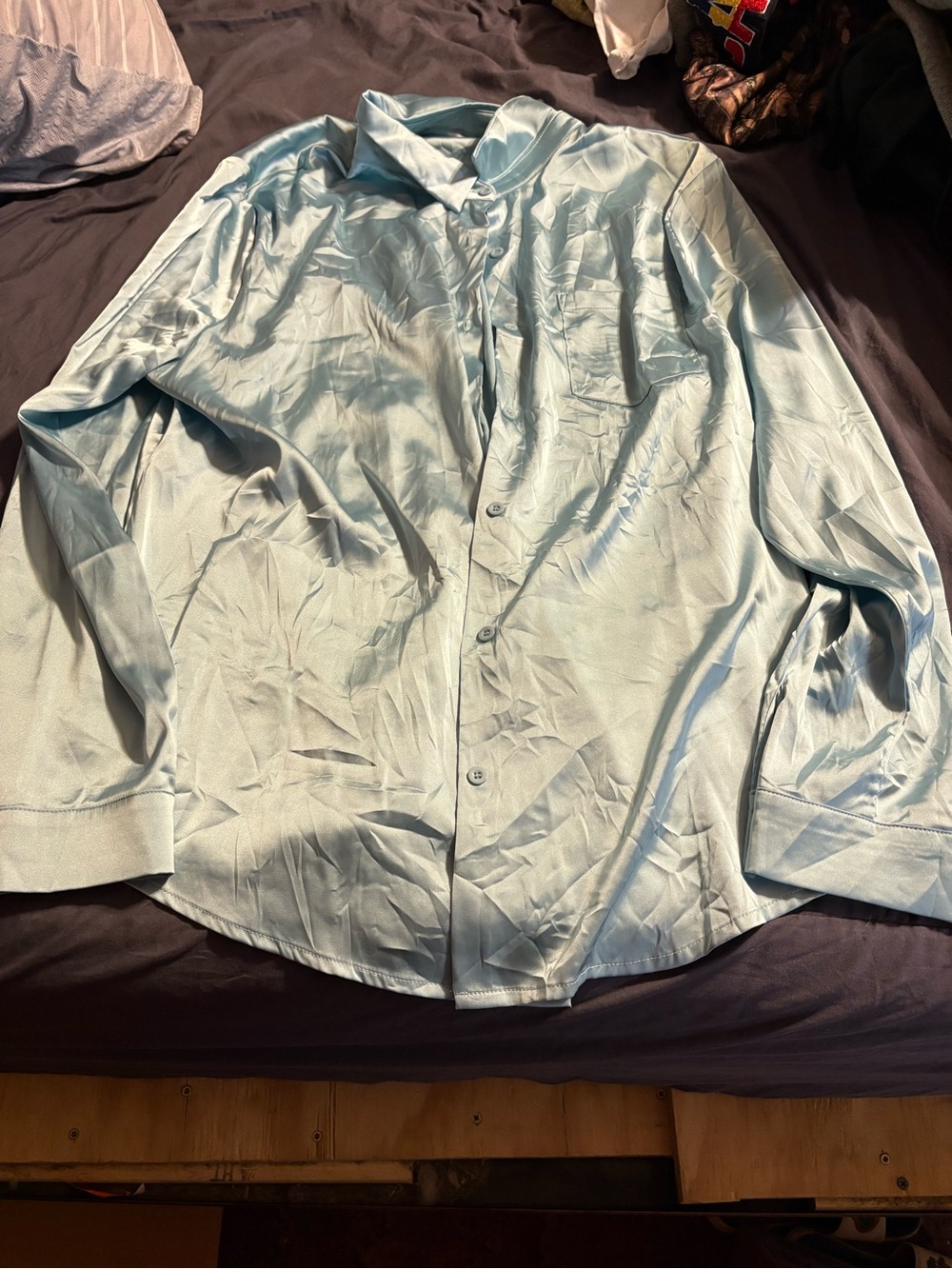 Amazon Light Blue Satin Button-Up Blouse